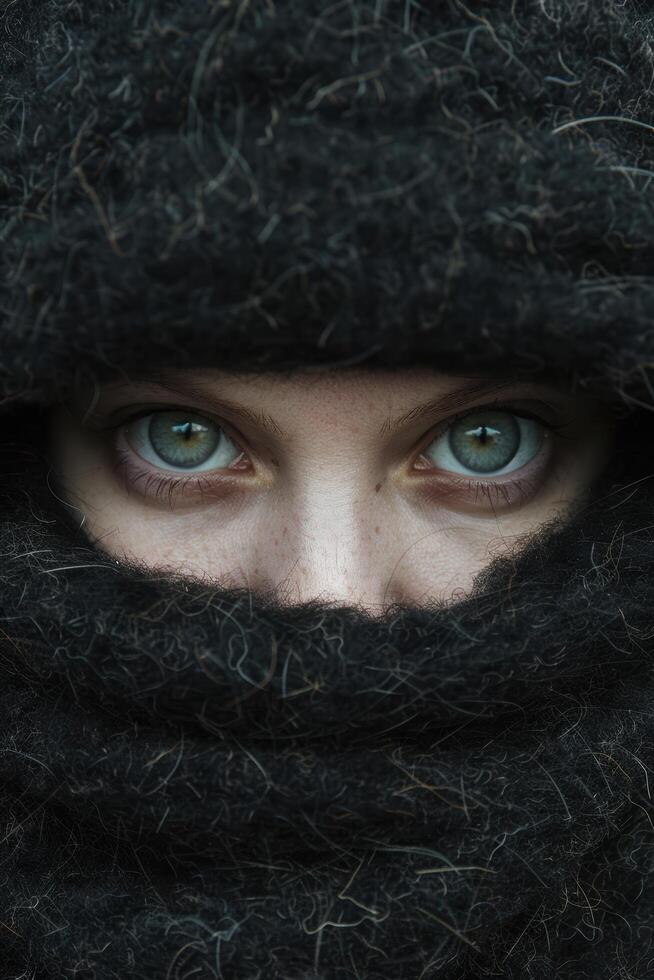 Mysterious eyes peering through dark foliage photo
