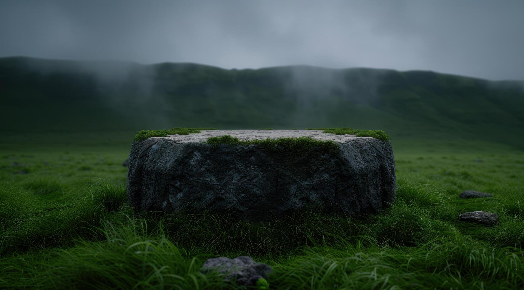 Mysterious mossy rock in misty meadow photo