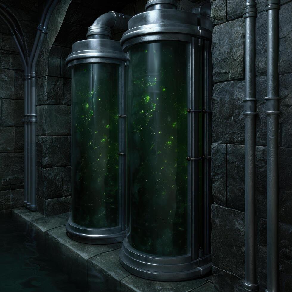 Mysterious glowing containers in a dark dungeon like setting photo