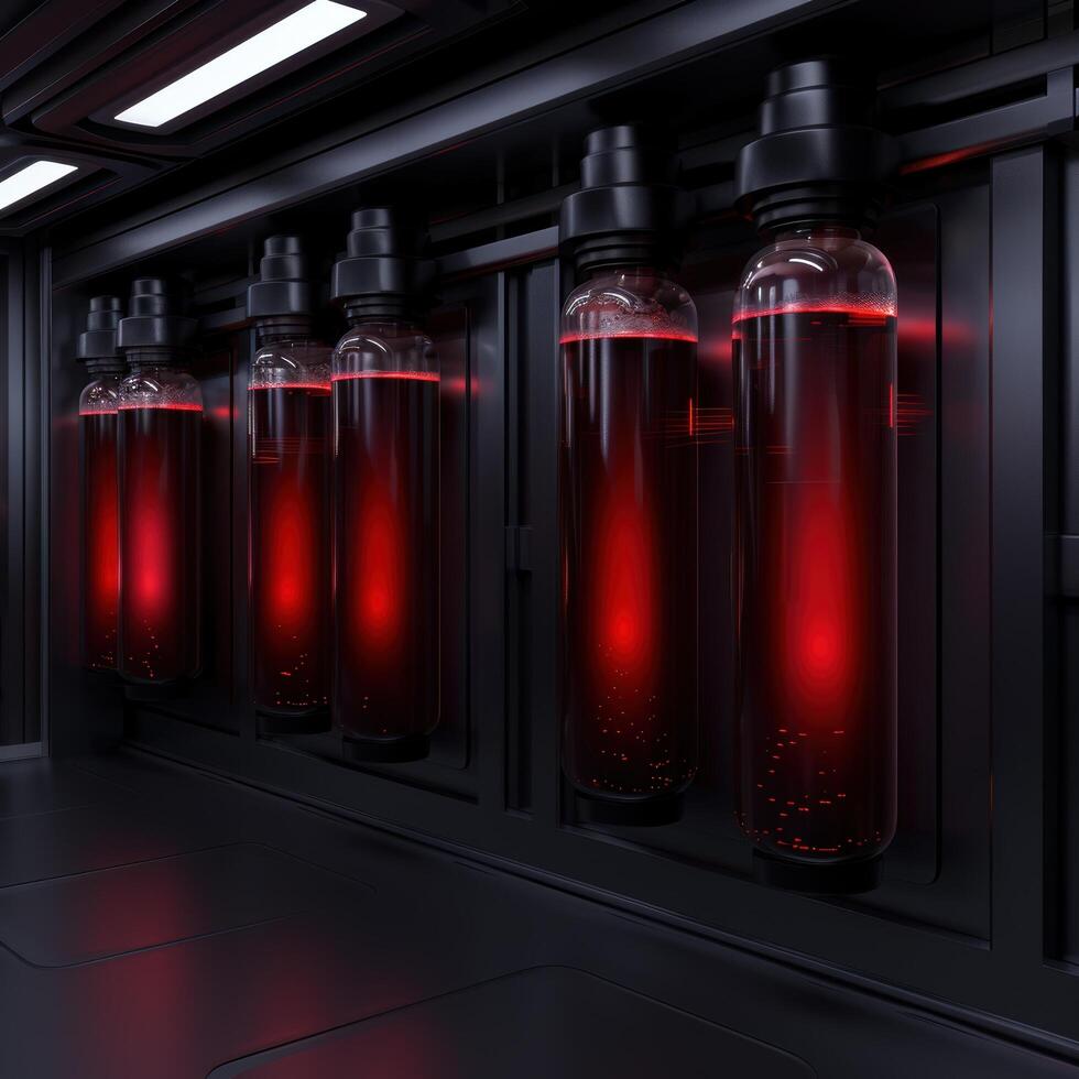 Futuristic storage containers with glowing red liquid photo