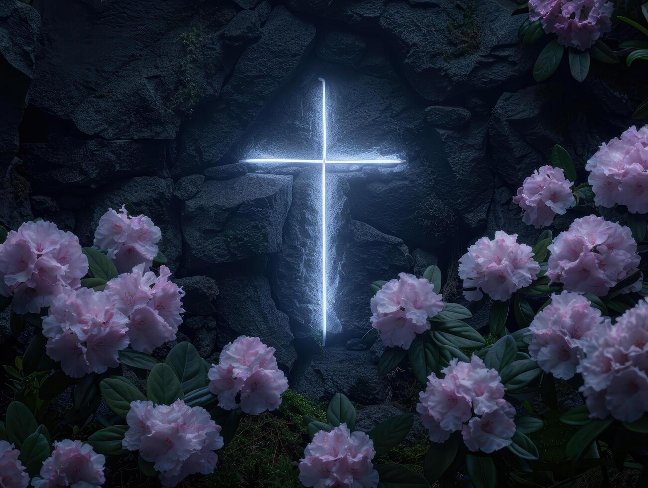 Glowing cross in a dark cave surrounded by pink flowers photo