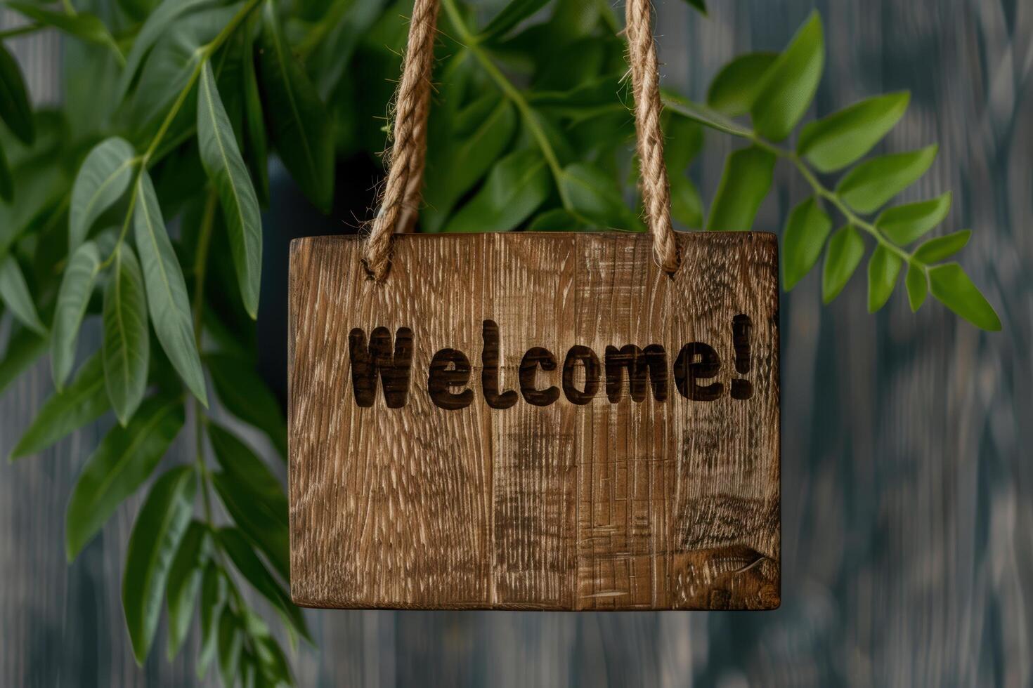 Wooden welcome sign hanging from rope in lush greenery photo