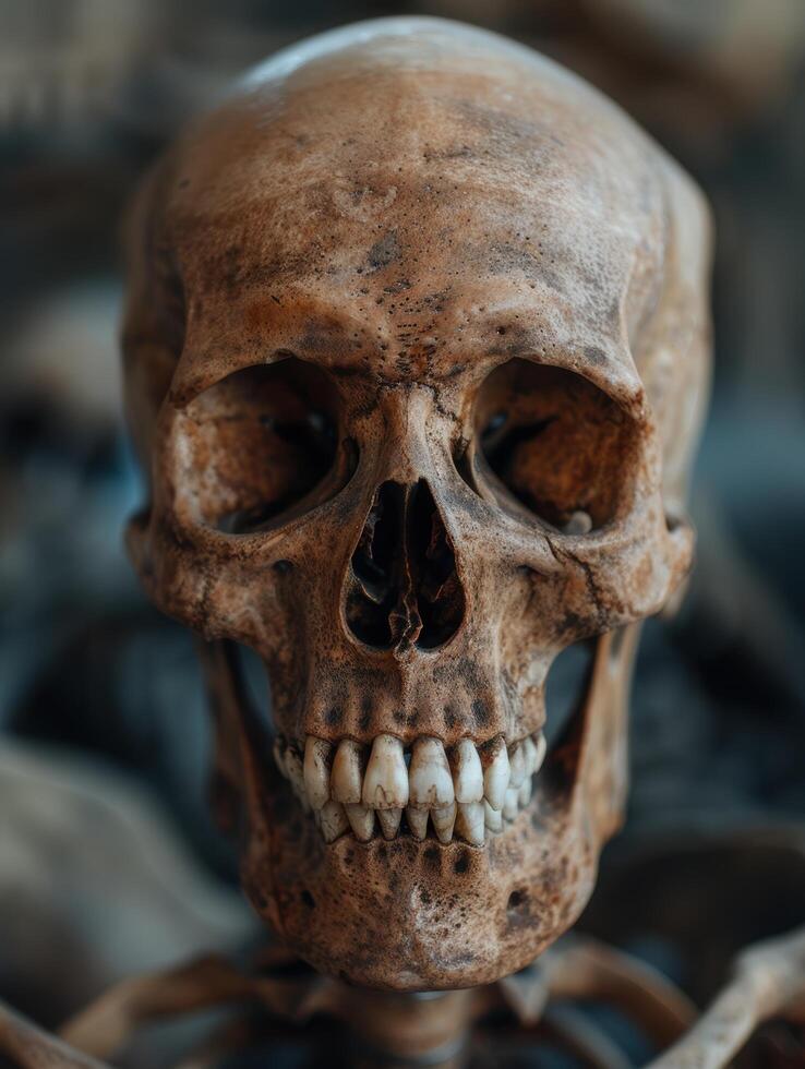 Weathered human skull with visible teeth photo