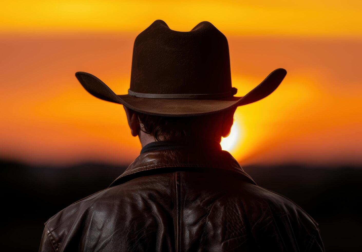 Silhouette of a person wearing a cowboy hat against a vibrant sunset photo