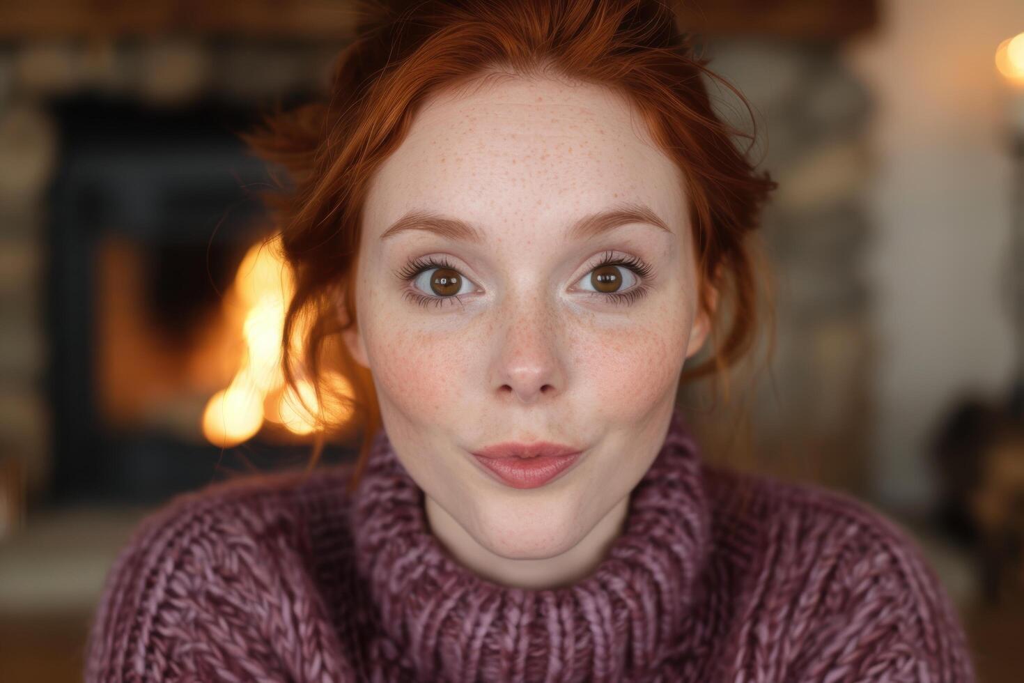 Closeup portrait of a young woman with red hair and freckles photo
