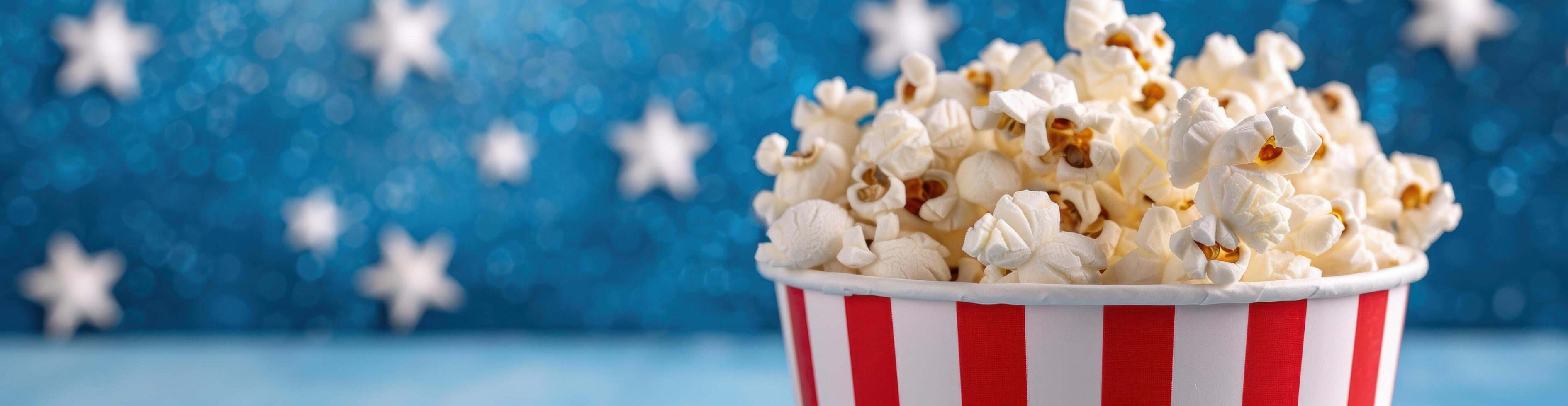 Popcorn in a striped bucket with stars in the background photo