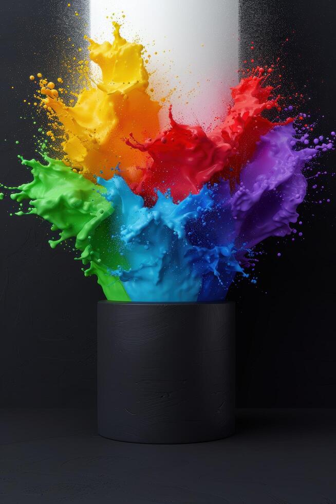 Colorful paint splash explosion in black container photo
