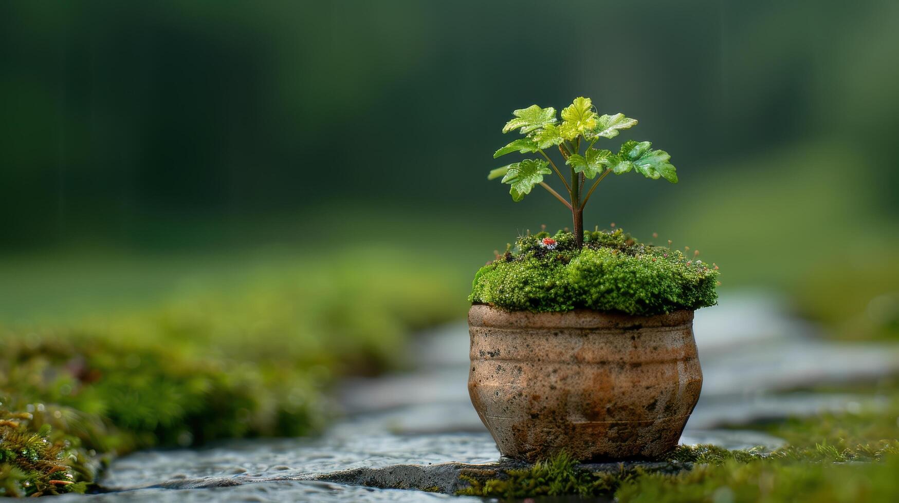 Miniature plant in a rustic pot on a mossy path photo