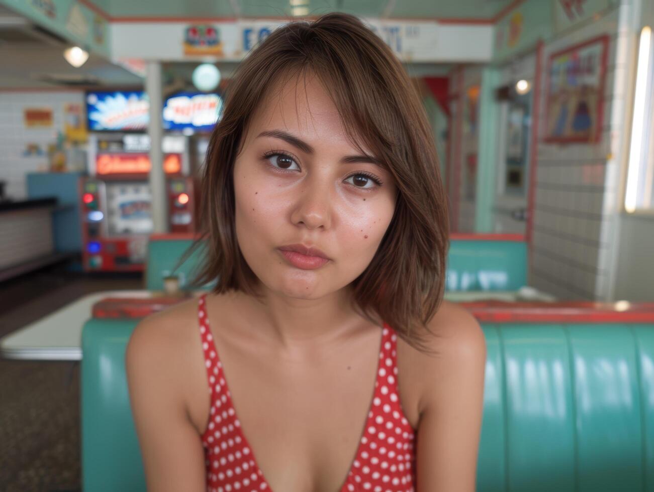 young woman in red polka dot swimsuit photo
