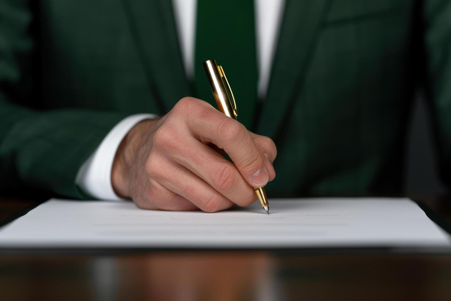 businessman signing document with golden pen photo