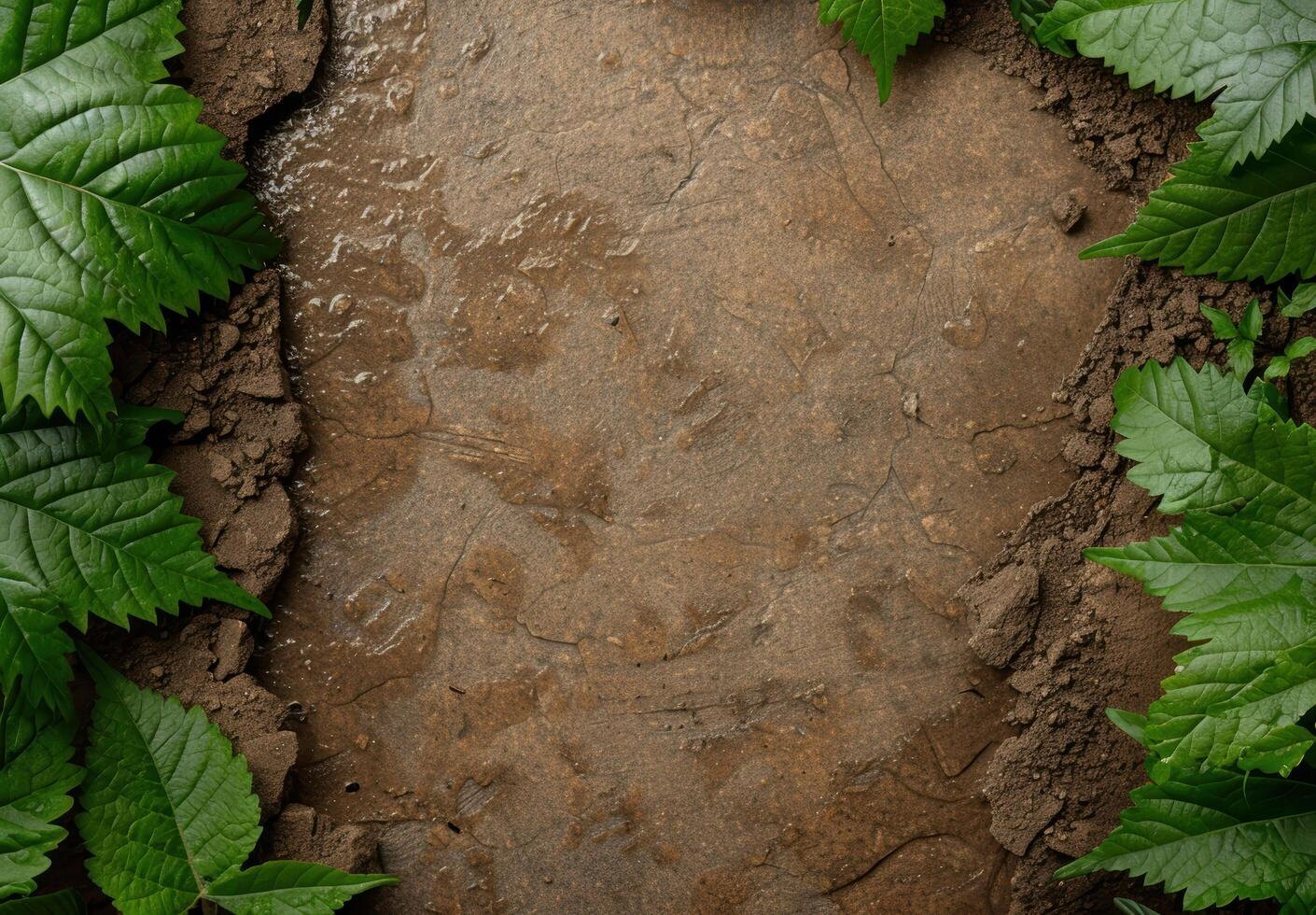 Dirt ground with green leaves frame photo