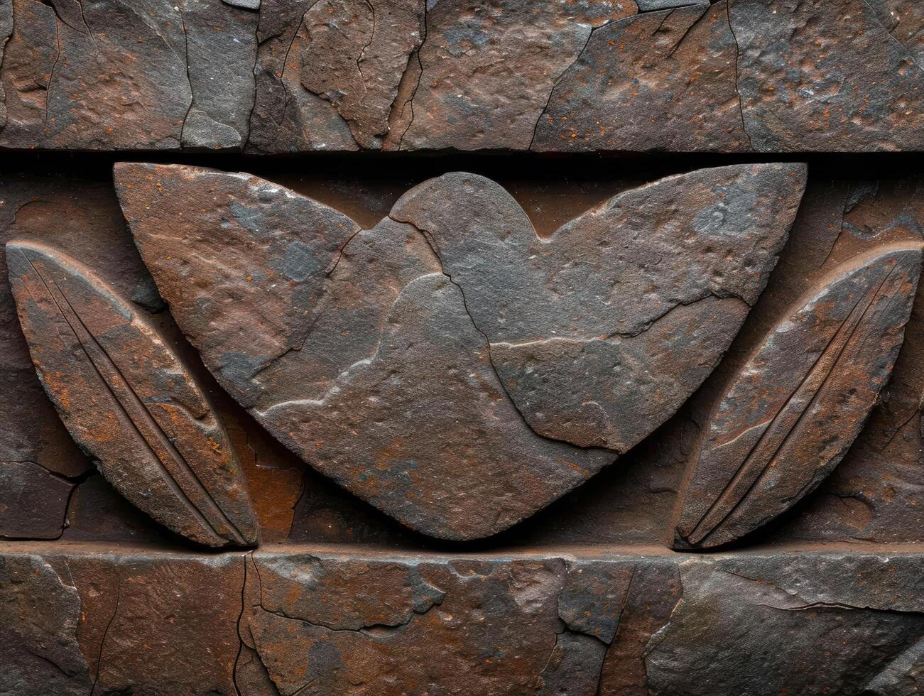 Textured rock wall with carved stone shapes photo