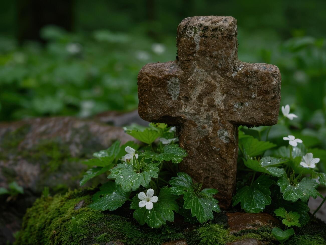 ancient stone cross in lush green forest photo