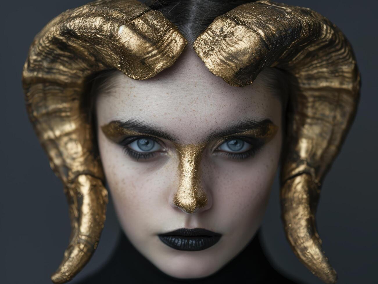 Dramatic portrait of a woman with golden horns photo