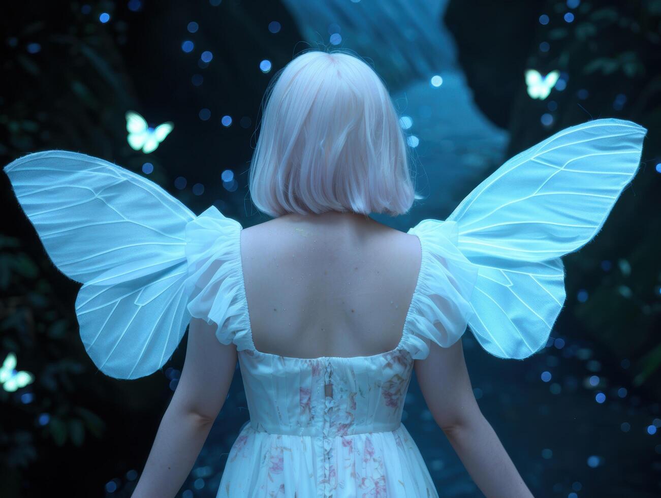 Ethereal fairy with white wings and dress in a magical forest photo
