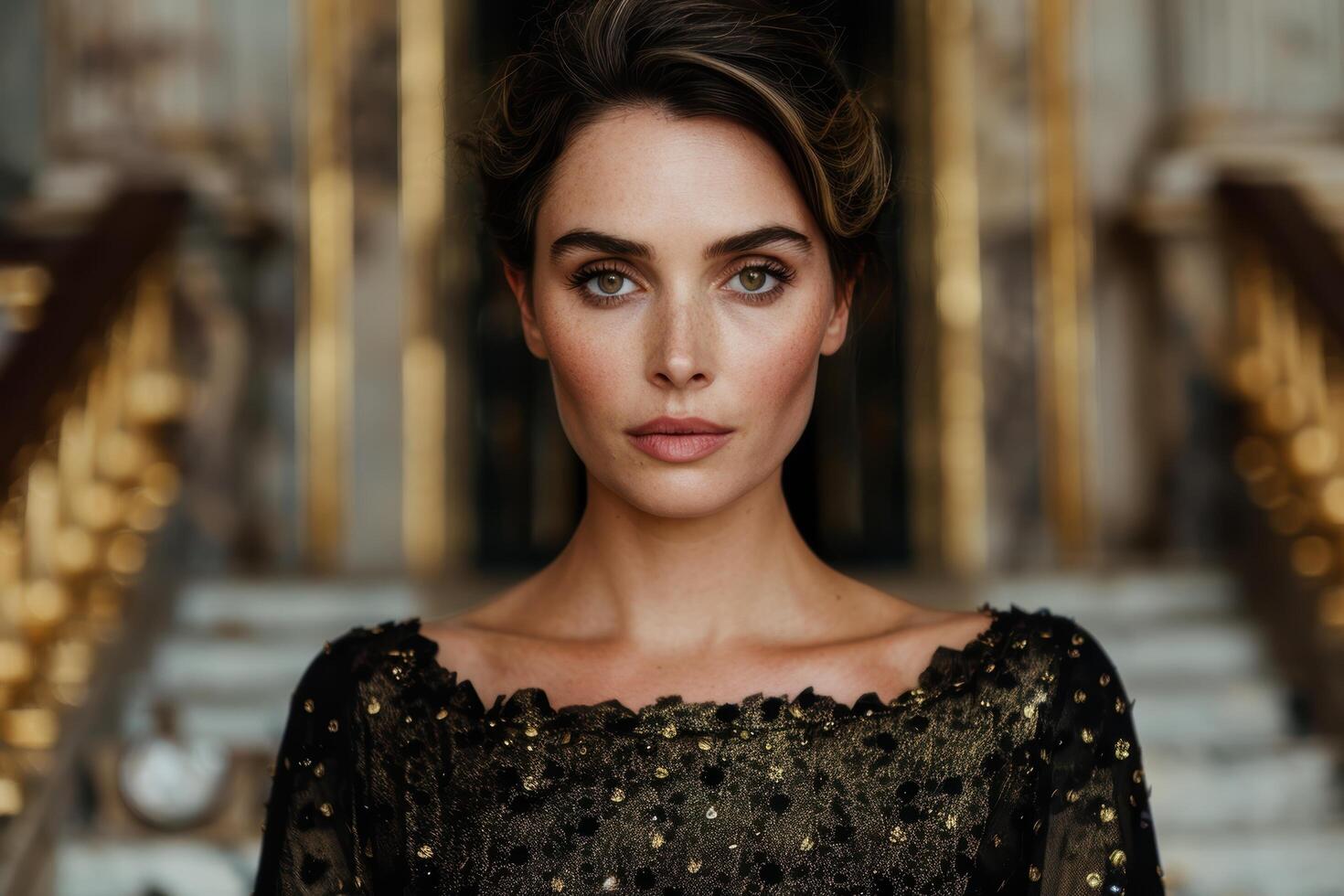 Elegant woman in black and gold dress photo