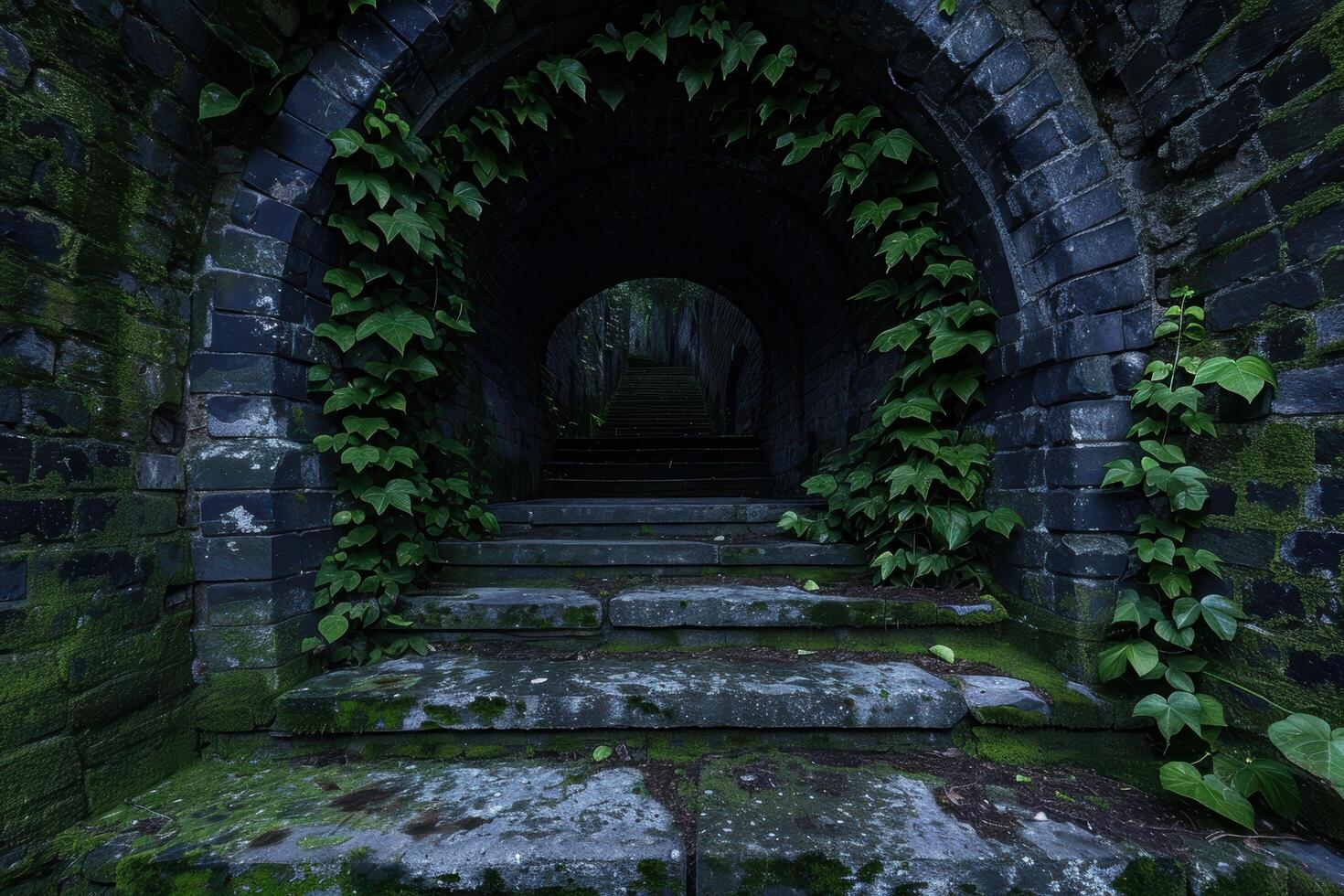 Mysterious stone archway with lush greenery photo