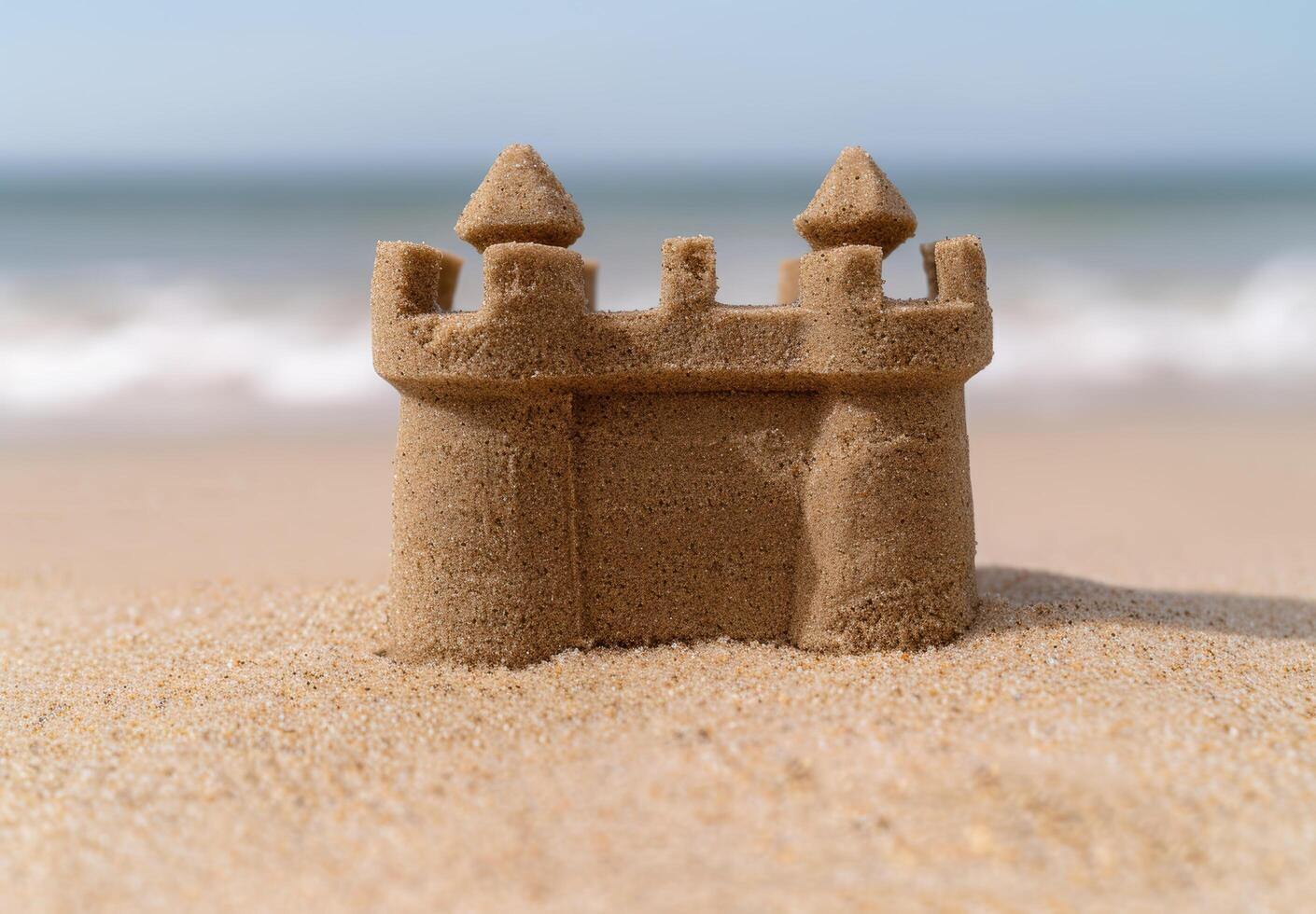 Sandcastle on beach with ocean in background photo