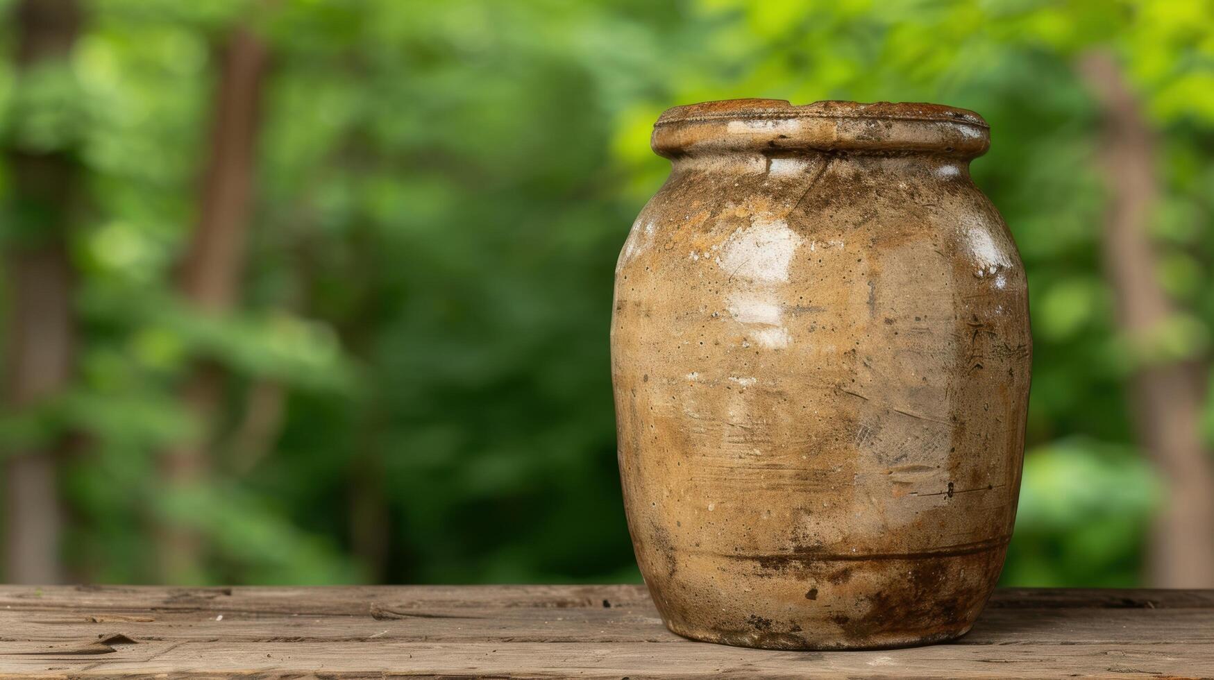 Antique ceramic jar on wooden table photo