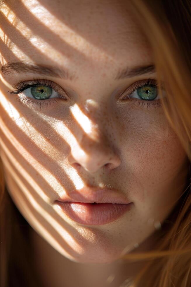 Closeup portrait of a young woman with green eyes and blonde hair photo