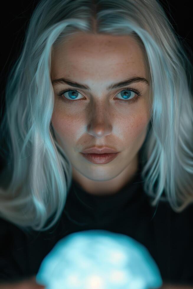 Mysterious woman with piercing blue eyes photo