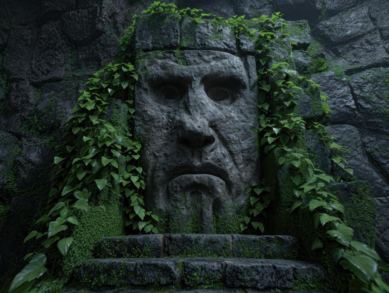 ancient stone face covered in moss and vines photo