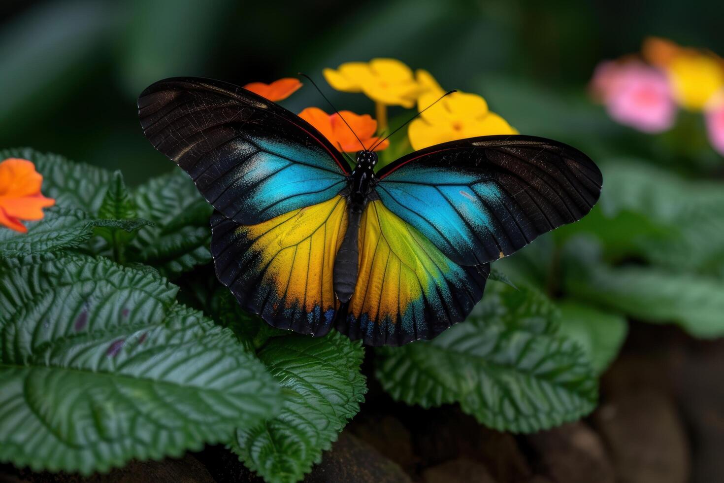 Vibrant butterfly on green leaves photo