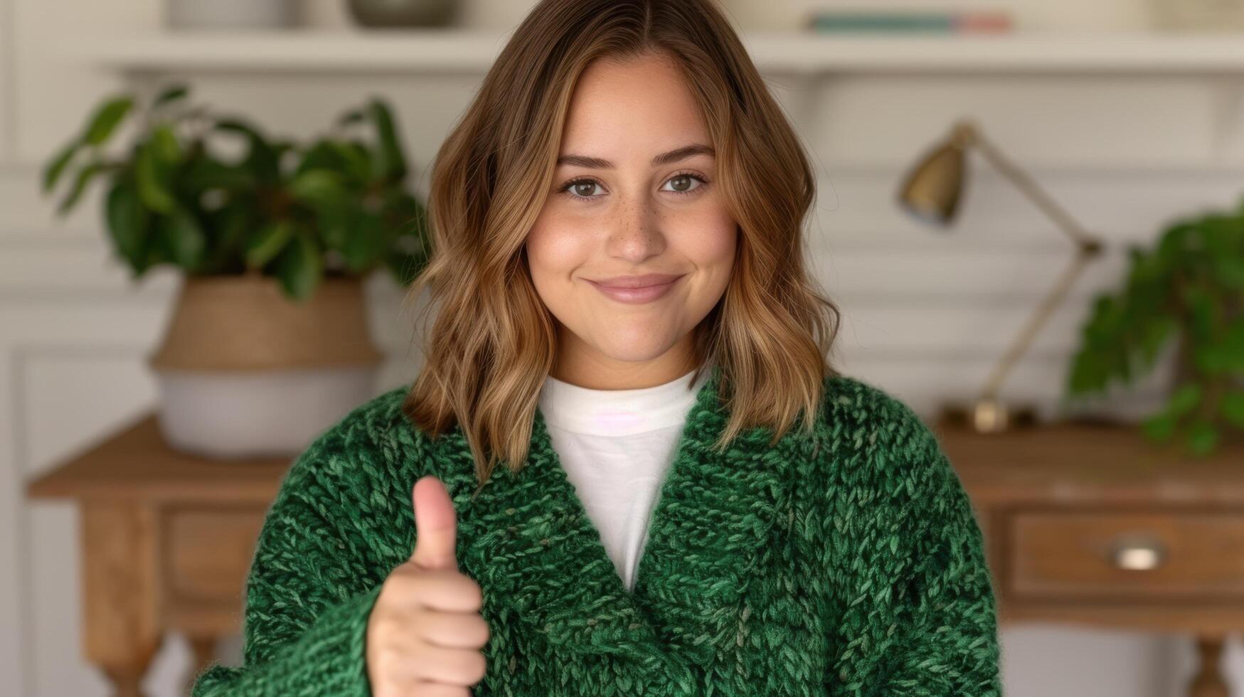 smiling woman in green sweater giving thumbs up photo