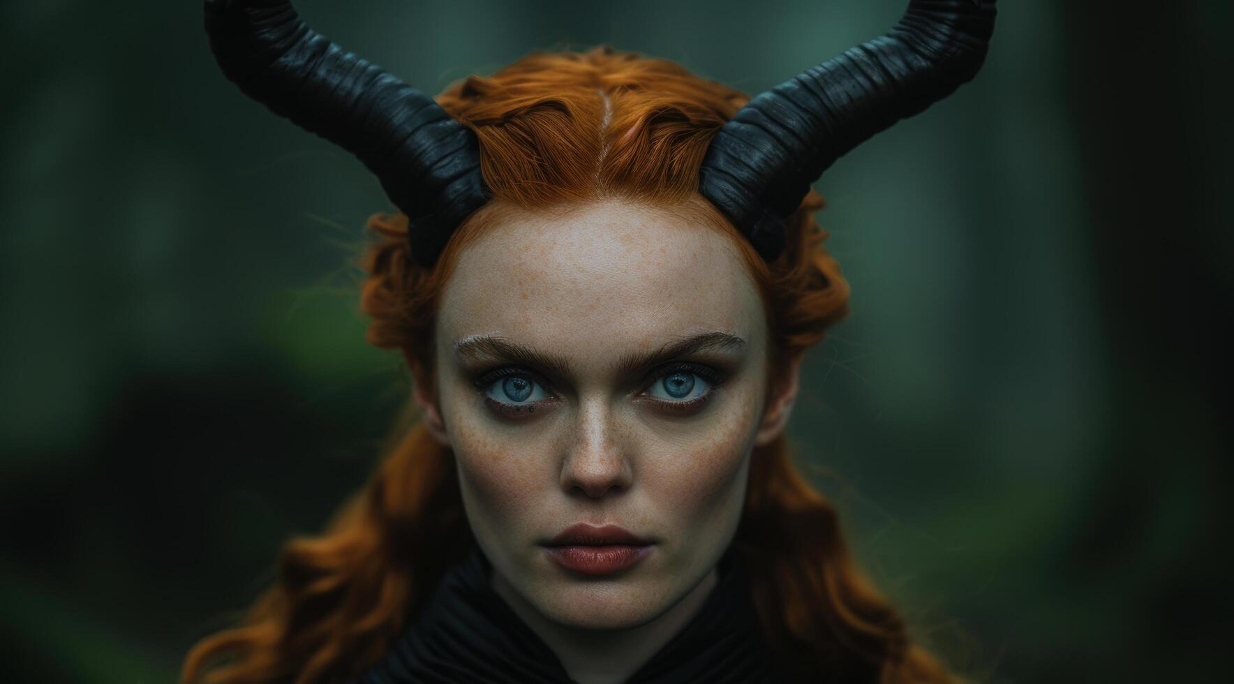 Mysterious woman with horns and intense gaze photo