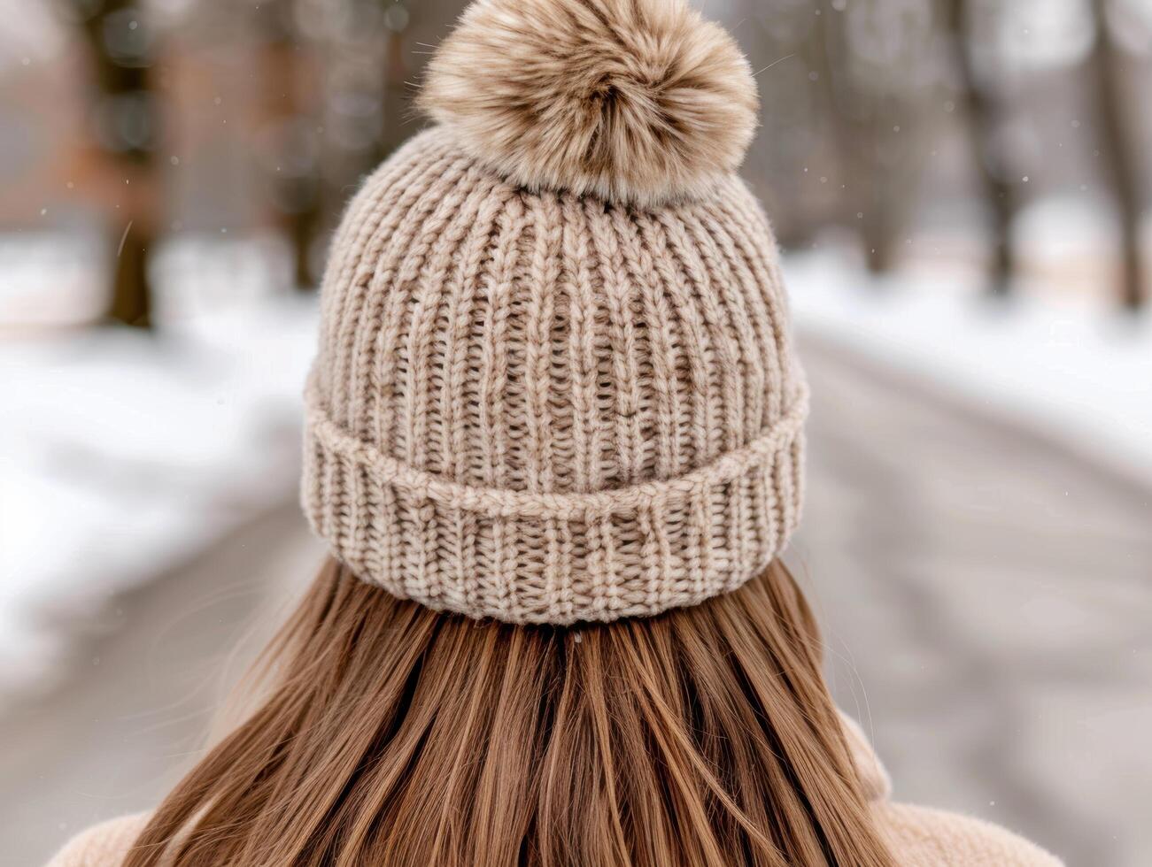Cozy winter hat with fur pom pom in snowy forest photo