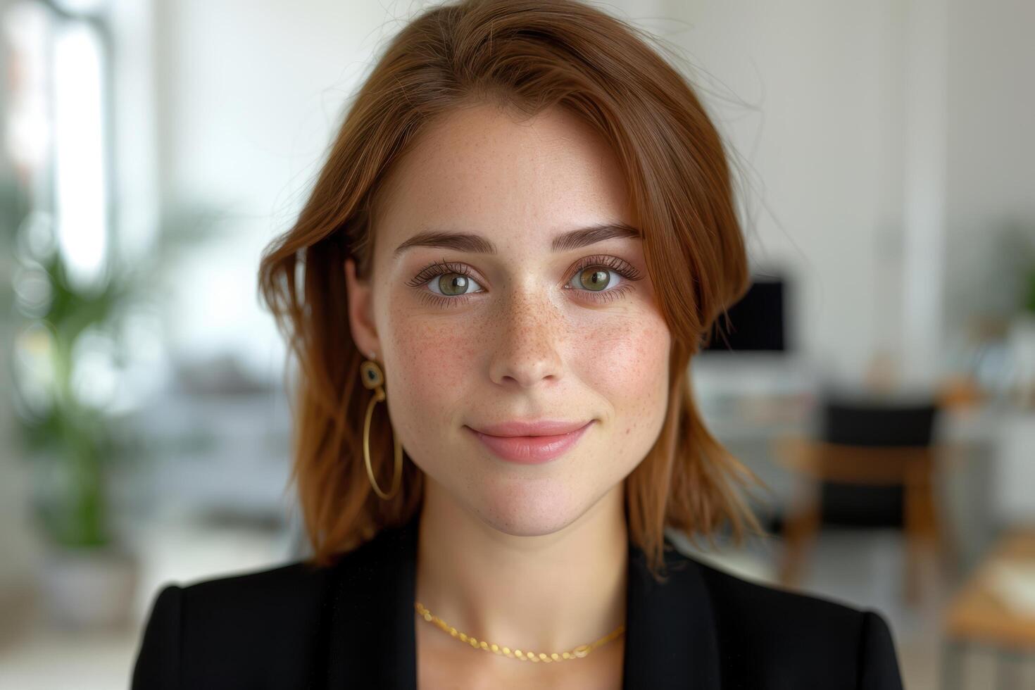Confident young woman with natural makeup and warm smile photo