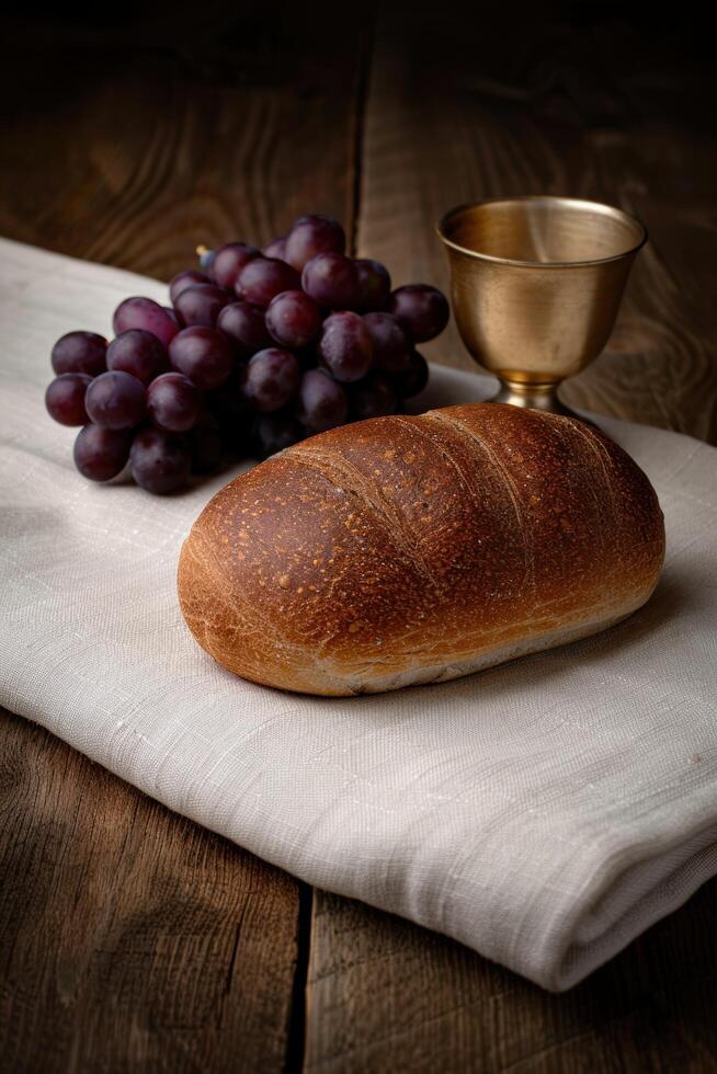 Communion bread and wine on wooden table photo