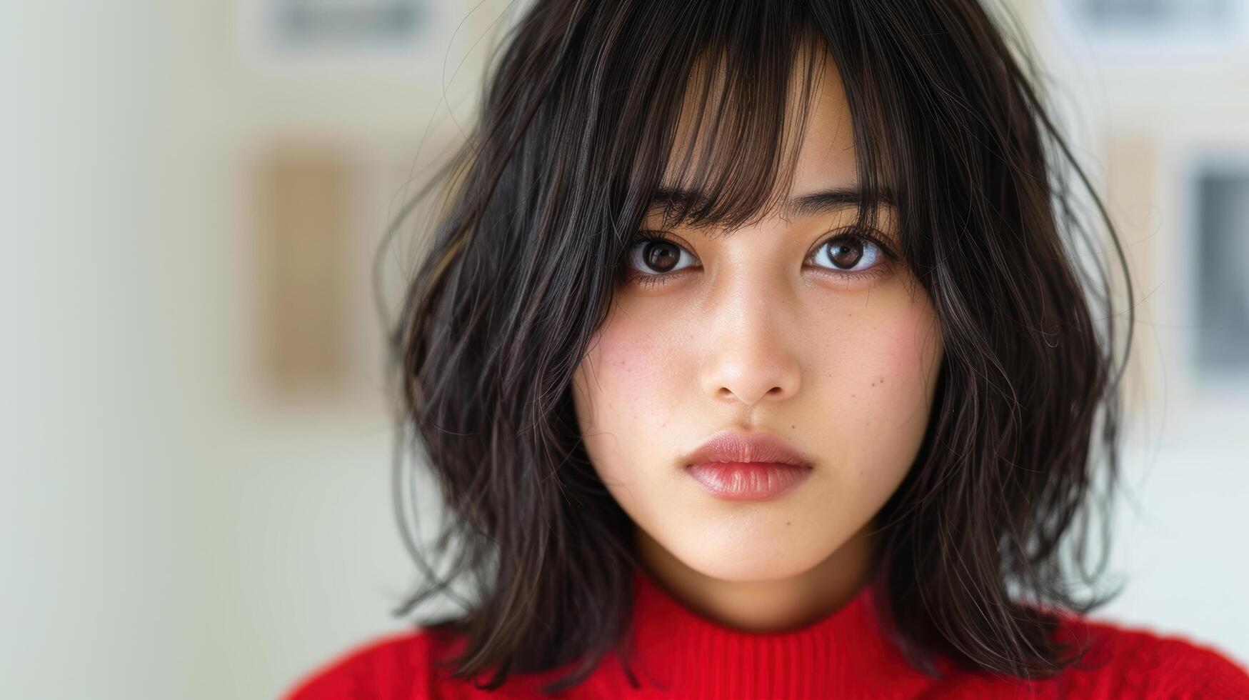 young asian woman with dark hair in red sweater photo