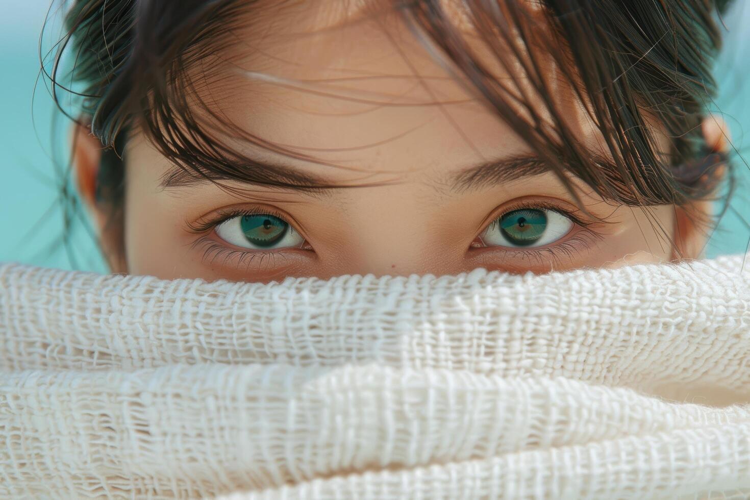 Mysterious green eyes peeking through a white scarf photo