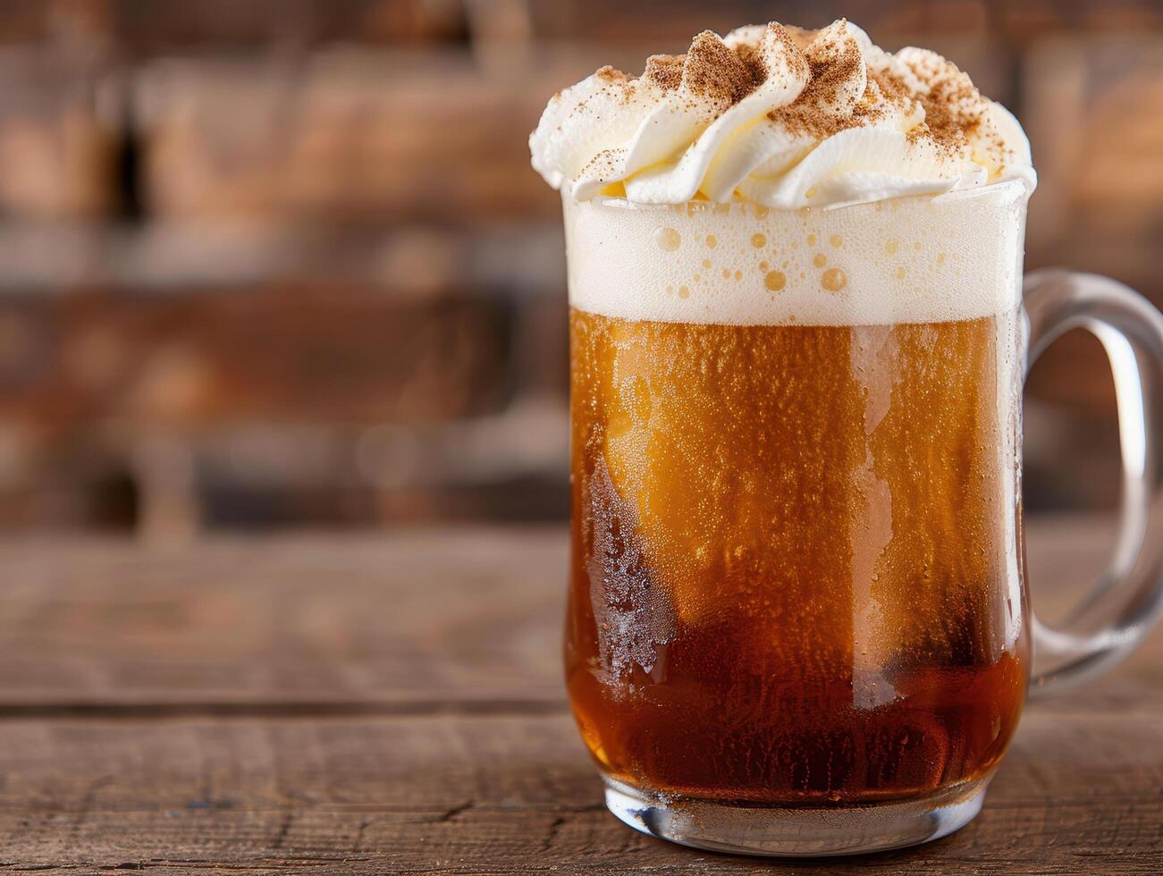 Frothy beer with whipped cream topping in a glass mug on a wooden table photo