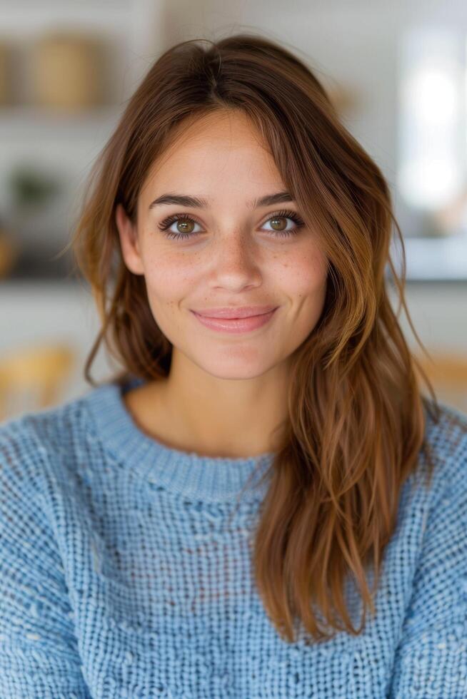 young woman with long brown hair smiling photo