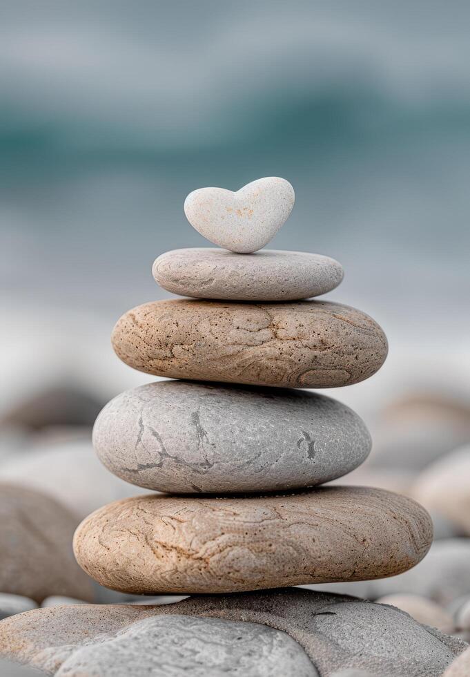 Stacked zen stones with a heart shaped rock photo