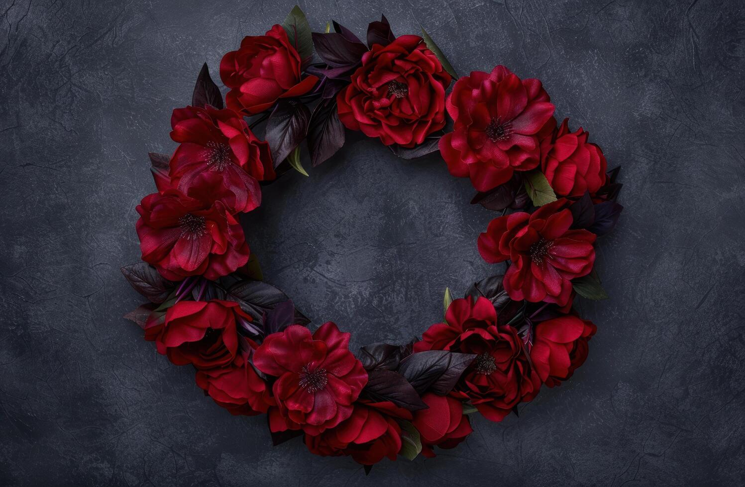 Vibrant red floral wreath on dark background photo