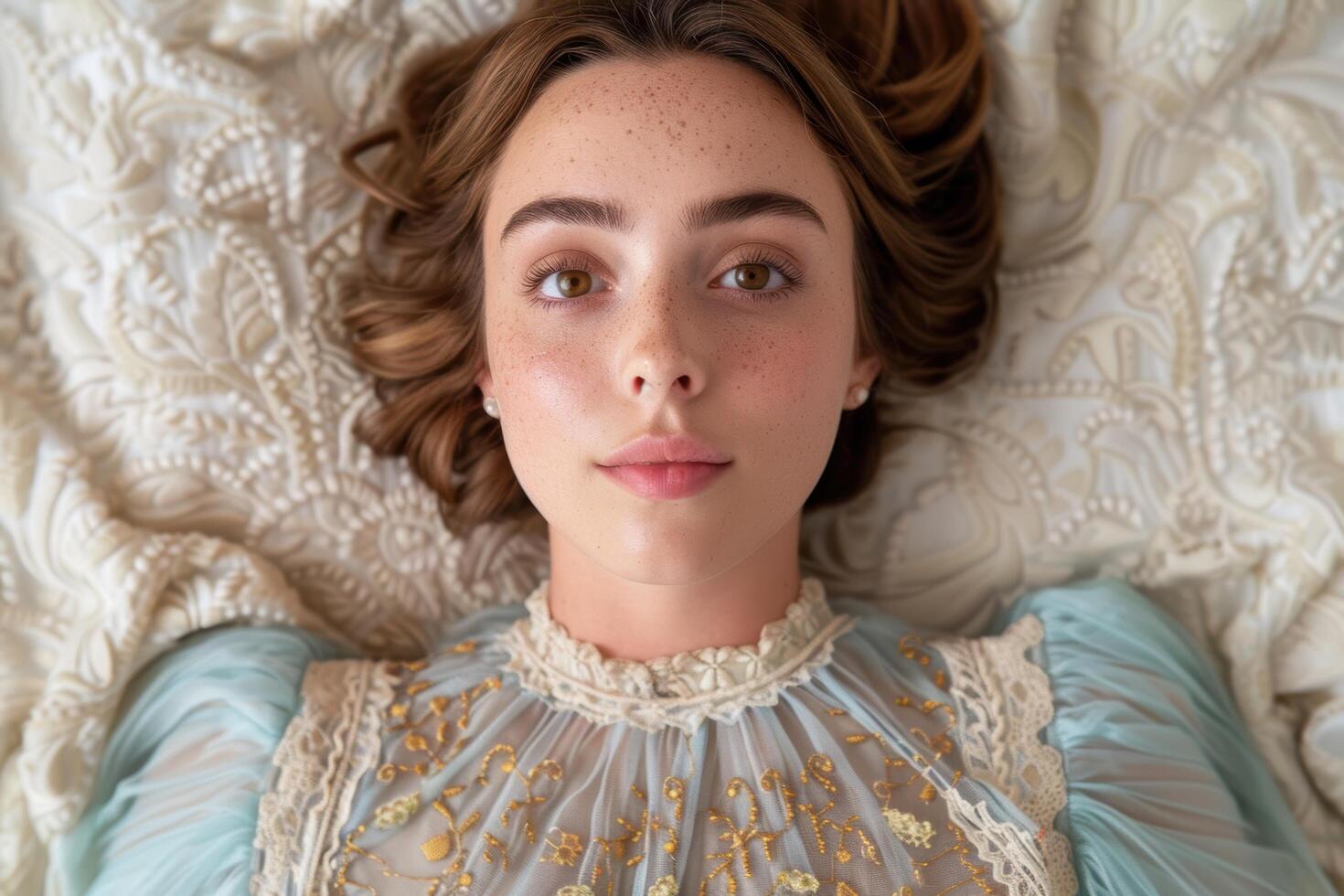 Portrait of a young woman with curly hair and freckles photo