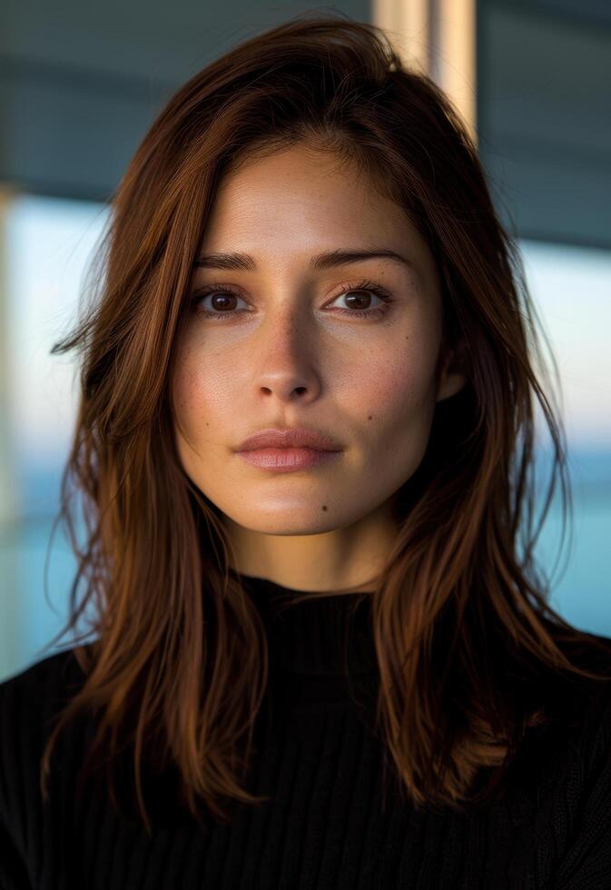 Thoughtful woman with long brown hair photo