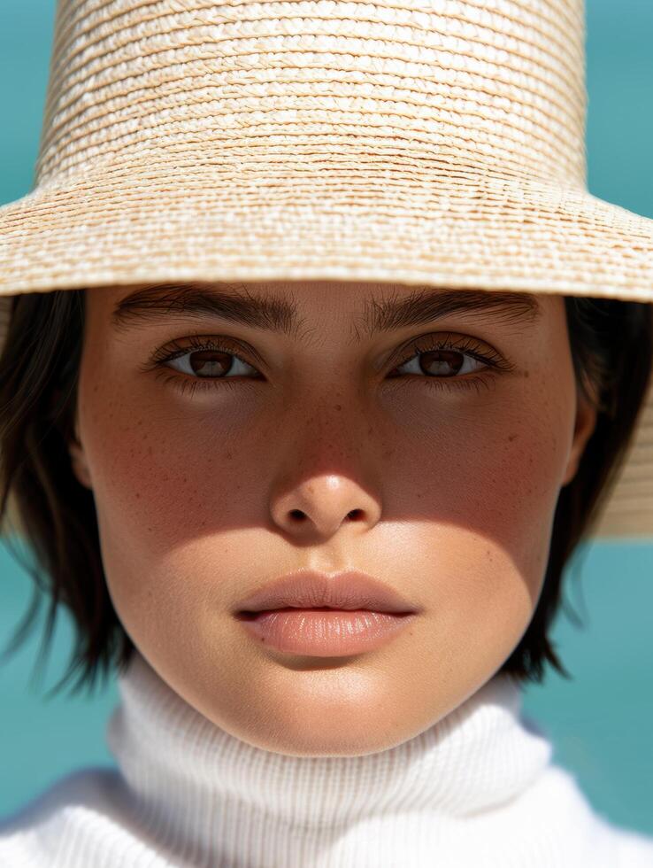 close up portrait of woman in straw hat photo