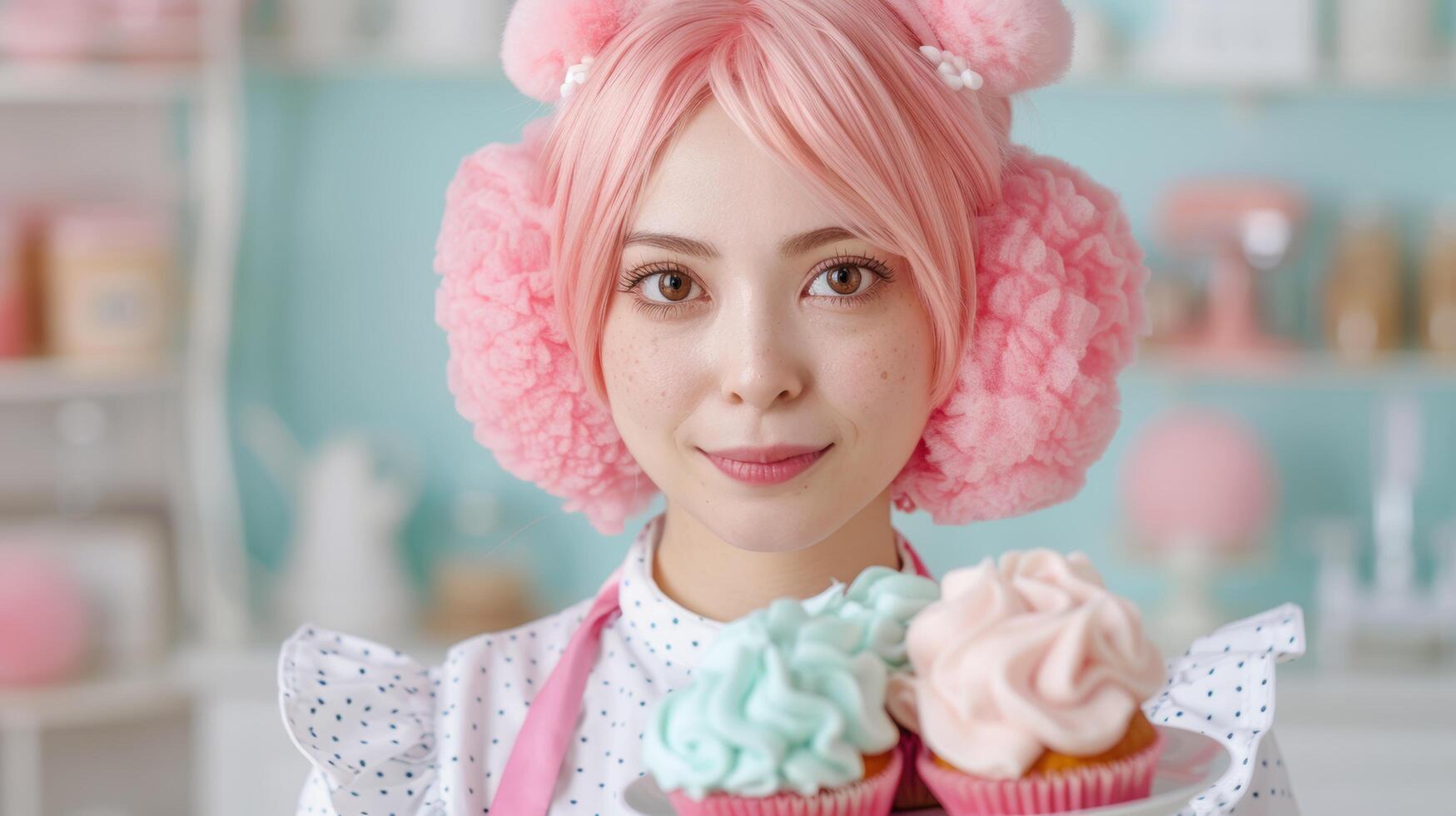 Cute anime inspired girl with pink hair and pom pom accessories photo