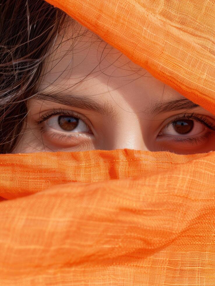 Mysterious eyes peeking through vibrant orange fabric photo