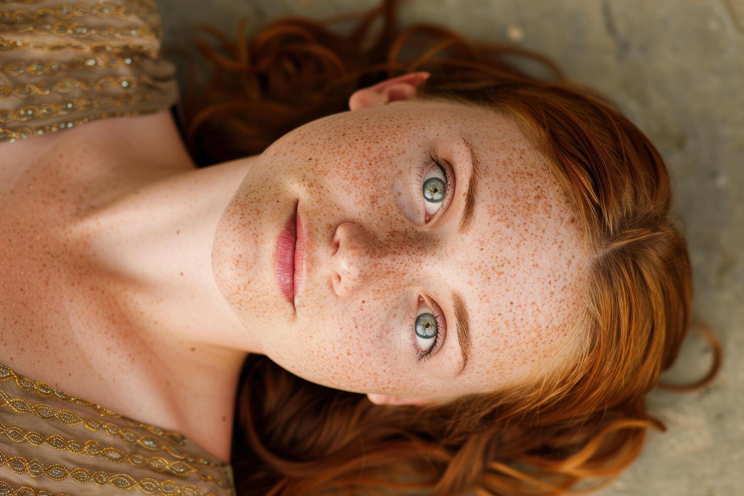 Closeup portrait of a young woman with freckles and vibrant red hair photo