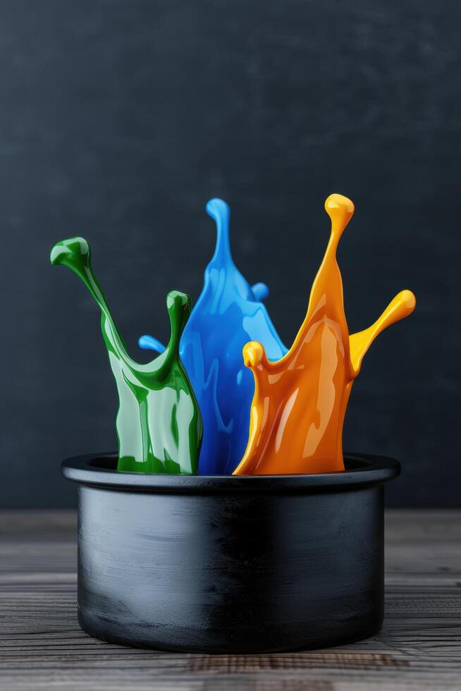 Colorful paint splashes in a black container photo