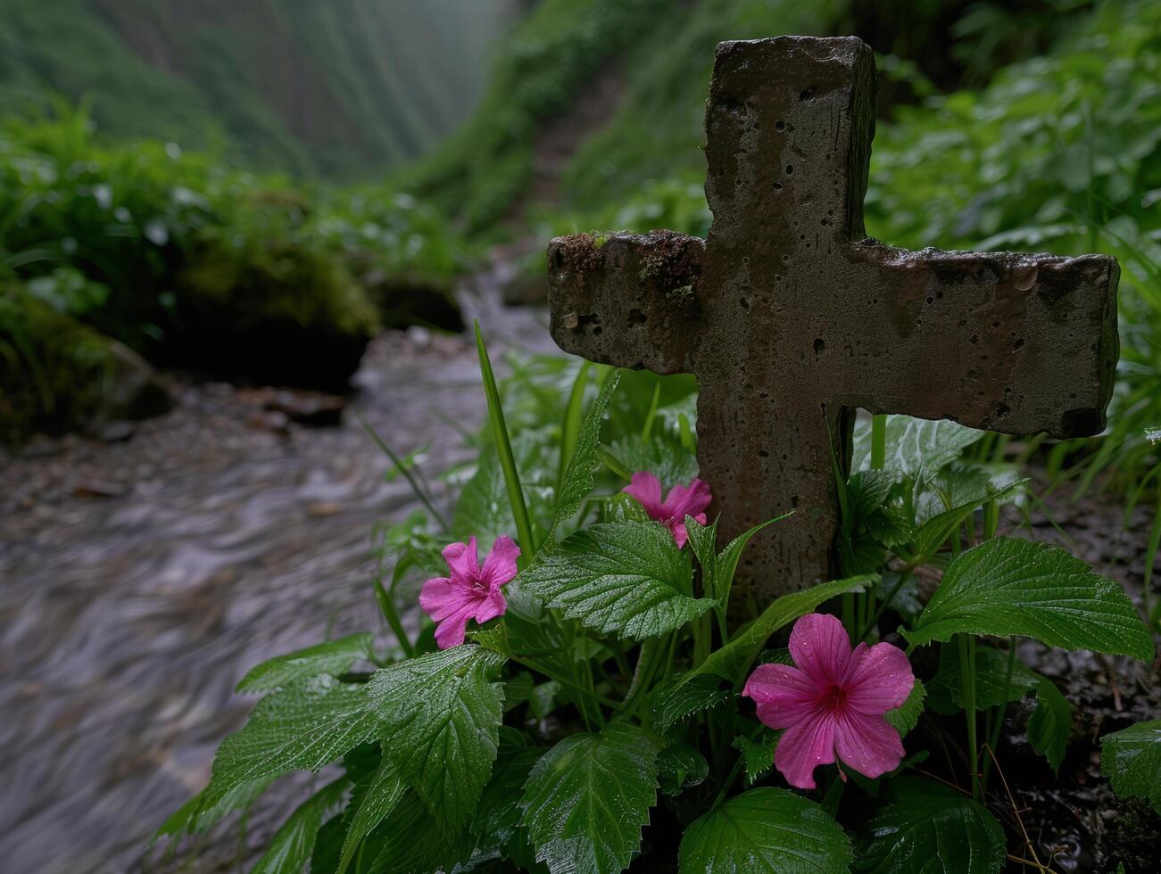 Pink flowers blooming near old cross in lush forest photo