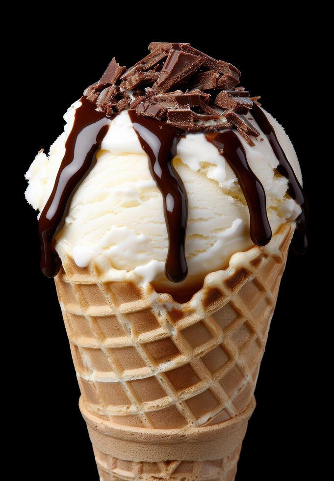 Delicious chocolate and vanilla ice cream in a waffle cone photo