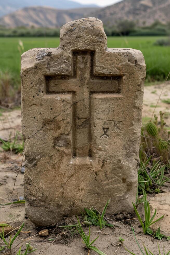 ancient religious cross carved in stone photo