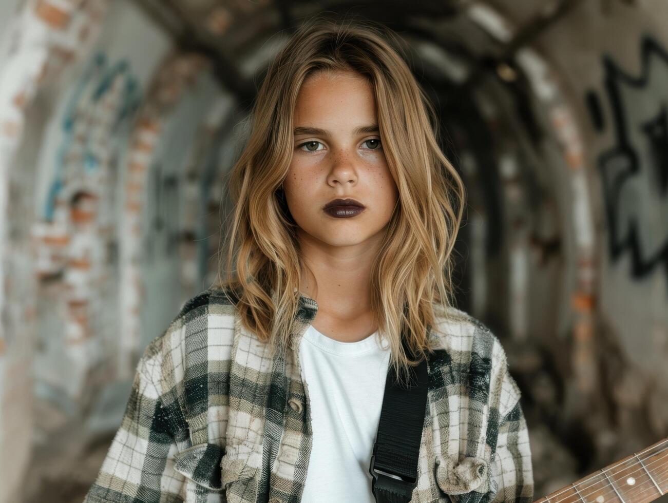 Thoughtful young woman with guitar photo