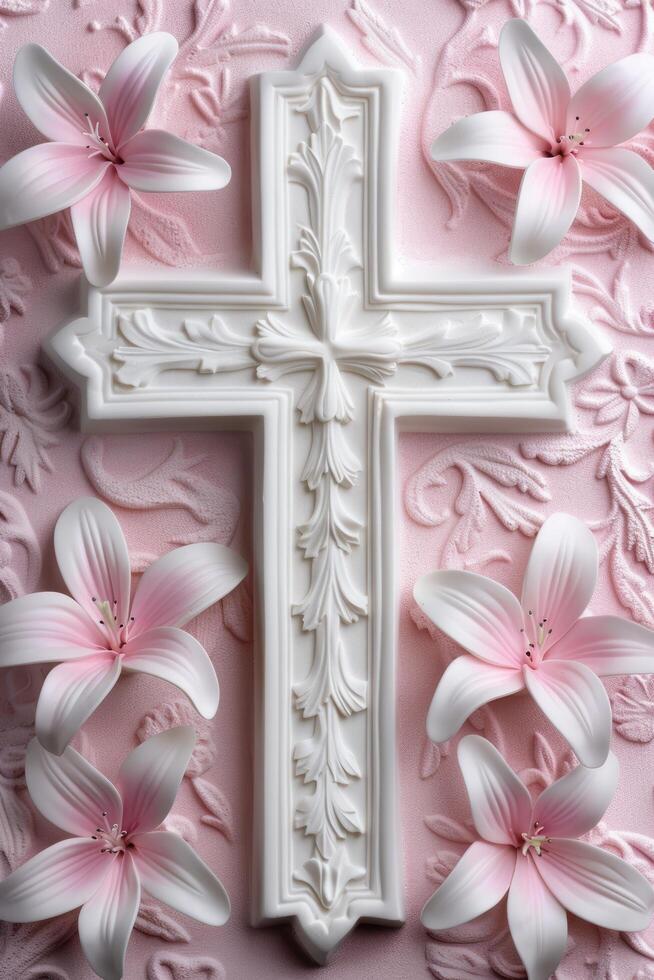 elegant white cross with pink lily flowers photo
